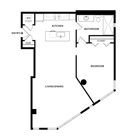 Floor plan for 1 bed, 1 bath, 979 sqft